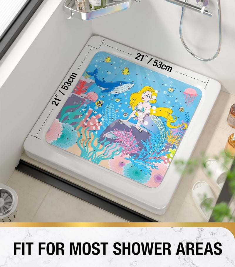 HITSLAM Square Shower Stall Mat Anti Slip, Quick Dry 21x21 Inch Bathtub Floor Mat for Kids with Suction Cups and Drainage Holes, Machine Wash, Soft on Feet, Mermaid - Image 2